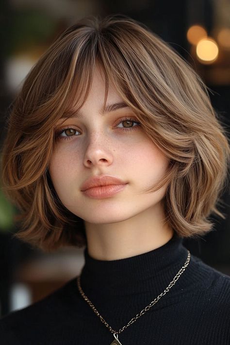 Layered Bob Haircut, Chic French Bob with Curtain Bangs High Layered Haircut Short Hair, Classic Bob With Curtain Bangs, French Bangs With Short Hair, Layered Bob Hairstyles Curtain Bangs, Short Shag Hairstyles With Curtain Bangs, Short Haïr Cut With Curtain Bangs, Longer French Bob, French Bob With Wispy Bangs, Short Tousled Bob