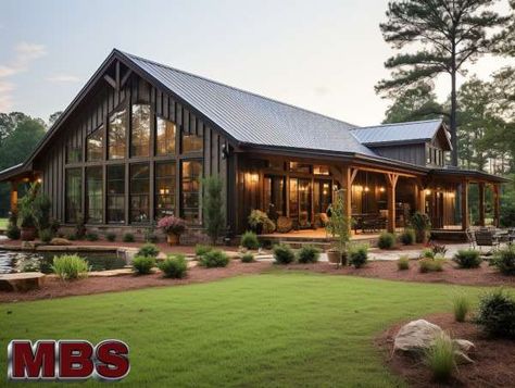 Georgie Metal Building Home Builders Metal Building House Plans Open Floor, Hunting Lodge Plans Metal Buildings, Metal Framed Houses, Modern Ranch Barndominium, Modern Steel Building, Metal And Rock House, Steel House Metal Buildings, Metal Structure House, Farmhouse Gable Porch