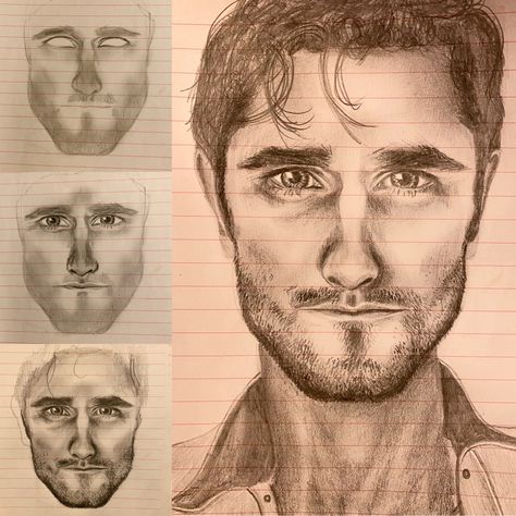 How to draw a men’s portrait by starting with important features first. Man face hair eyes nose stubble facial hair. Guy Drawing, Bright Eyes, Face Hair, Facial Hair, Pencil Sketch, Male Face, Bearded Men, Facial, Male Sketch