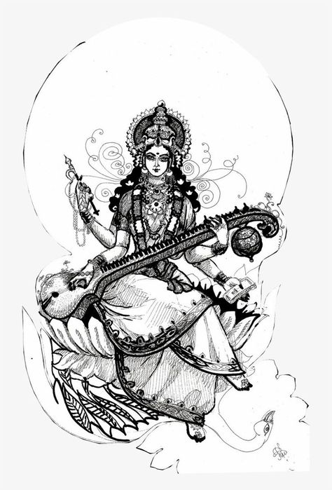 Edit Image, Goddess Saraswati, Shiva Tattoo Design, Saraswati Goddess, Durga Painting, Illustrator Design Tutorial, Pen Art Drawings, Hinduism Art, Vedic Art