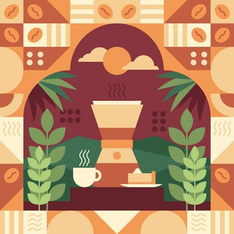 Free vector flat design geometric illust... | Free Vector #Freepik #freevector #geometric-illustration #mosaic #mosaic-pattern #geometric-design Flat Pattern Design, Flat Graphic Illustration, Flat Geometric Illustration, Coffee Inspired Art, Pattern Art Illustration, Coffee Pattern Design, Coffee Pattern Illustration, Coffee Illustration Graphics, Mosaic Branding