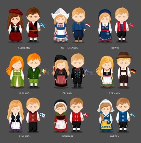 Set of european pairs dressed in different national costumes. vector illustration Country Costumes, European Costumes, Around The World Theme, Costumes Around The World, World Thinking Day, National Clothes, Kids Around The World, National Dress, Flags Of The World