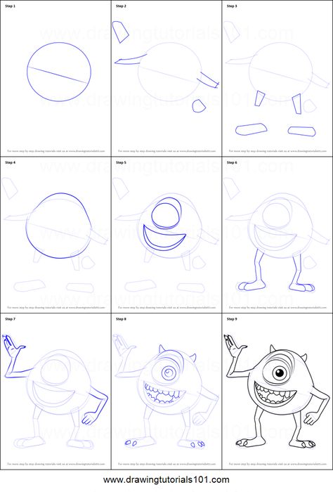 Disney Art Drawings Easy Step By Step, Monsters Inc Drawing, Mike Wazowski Drawing Easy, How To Draw Sully From Monsters Inc, How To Draw Mike Wazowski, How To Draw A Cute Monster, Monster Drawing Step By Step, Characters To Draw, Monsters Inc Characters