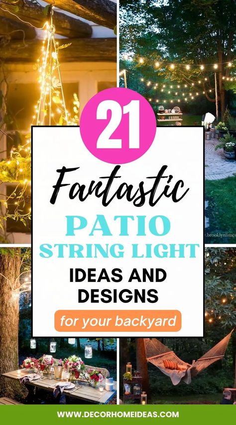 Looking for the perfect patio string light ideas for your backyard garden? Check out our 21 best ideas to light up your garden and create a cozy atmosphere! Outdoor String Lights Around Fire Pit, Lighted Patio Ideas, Bistro Lights Covered Patio, Small Patio With Lights, Hanging Porch Lights Patio Ideas, Patio Light Decorating Ideas, Stringing Patio Lights, Edison Lighting Outdoor Patio Ideas, Courtyard Lighting Ideas