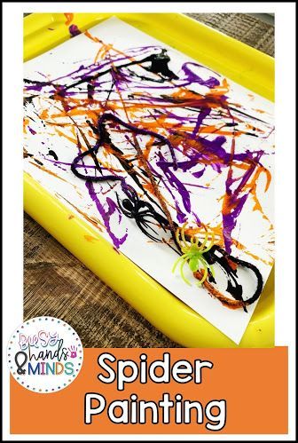 Halloween Preschool Theme- Spider Painting Preschool Halloween Spider Craft, Open Ended Halloween Art, Halloween Prek Art, Halloween Process Art For Preschoolers, Open Ended Halloween Art For Preschool, October Art Preschool, Process Art Halloween, Halloween Art For Kids Preschool, Halloween Process Art For Toddlers