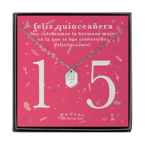 In English: "Today we celebrate the beautiful woman you have become - congratulations." Say "feliz quinceañera" and commemorate her milestone transition into womanhood with this timeless piece. The Parker necklace features a classic initial pendant on an upgraded, sturdy chain. This card is in Spanish. Materials: 925 Sterling Silver chain and pendant Pendant Dimensions: 10mm x 15mm Chain Length: 18" with a loop to shorten to 16" ~ Engraved letter pendant with elegant double bevel edge. ~ Further personalize by adding one of our adorable little birthstones.  ~ Each order comes with a gift box, bag, tissue, and extra goodies to keep the jewelry shiny. Only takes a minute to assemble! ~ We're a small family business based in Frederick, Maryland. Our team is committed to giving all our custome Necklace Quinceanera, Sweet Sixteen Jewelry, Quinceanera Gifts, Sterling Silver Initial Necklace, 13th Birthday Gifts, Silver Initial Necklace, Friends Bridal, Heart Charm Necklace, Faith Gifts