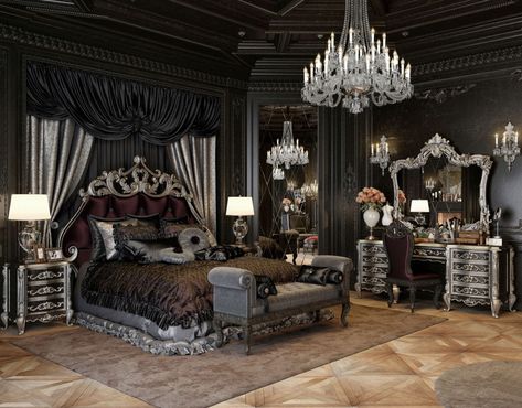 Mansion Bedroom, Royal Room, Royal Bedroom, Fancy Bedroom, Castle Bedroom, Black Bedroom Decor, Gothic Bedroom, Dark Home Decor, Black Bedroom