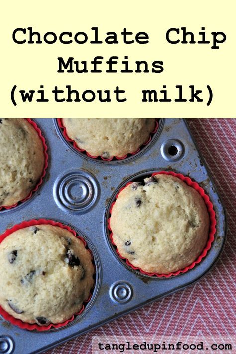 Chocolate chip muffins without milk. Use dairy-free chocolate chips for a kosher recipe or milk allergies. Also a great recipe if there's no milk in the house No Milk Muffins Easy Recipes, Muffin Recipes Dairy Free, Breakfast Recipes Without Milk, No Milk Baking Recipes, Muffin Recipes Without Milk, Baking Without Milk Recipes, No Milk Breakfast Recipes, Chocolate Chip Muffins No Milk, Desserts Without Milk