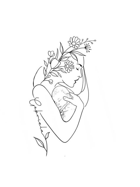 Floral Motherhood Tattoo, Mom Line Art Tattoo, Mother Of A Son Tattoos, Mom And Daughter Outline Tattoo, Single Mother Tattoo Ideas, Tattoos That Represent Motherhood, Minimal Dark Tattoo, Fine Line Baby Tattoo, Mother Daughter Tattoos Fine Line