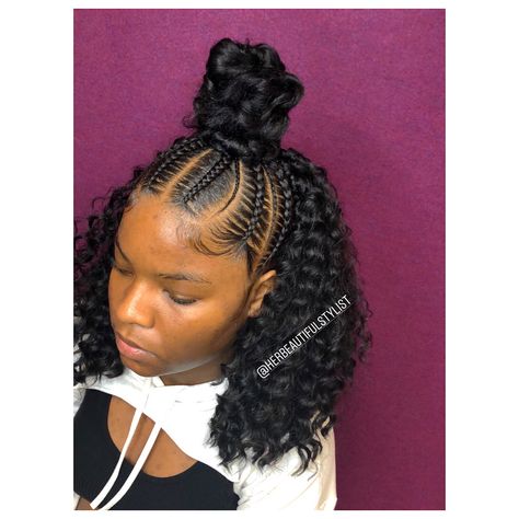 Two Braids Into A Bun Half Up Half Down, Half Braids Half Crochet Hairstyles Short, Half Cornrows Half Curly Weave Crochet, Half Braided Half Crochet Hairstyles, Crochet Braid Styles Half Up Half Down, Half Up Half Down Hair Black Women Crochet, Braid Half Up Half Down Black Women, Crochet Half Up Half Down, Braided Half Up Half Down Hairstyles