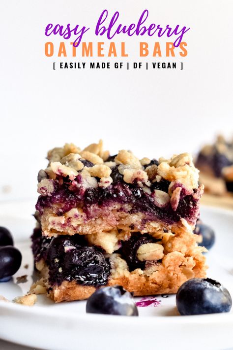 Blueberry Oatmeal Bars: These blueberry oatmeal bars are just the right amount of sweet with their juicy blueberry filling, soft and buttery oatmeal crust, and golden crumb topping! Contains no eggs, and can easily be made gluten free and dairy free! | stressbaking.com @stressbaking #stressbaking #oatmeal #blueberry #easyrecipe #bars #blueberrybars #glutenfree #eggfree #oatmealbars #summer #dairyfree #vegan Blueberry Breakfast Bars, Blueberry Muffin Bread, Oatmeal Bars Healthy, Blueberry Bars, Blueberry Breakfast, Blueberry Oatmeal, Vegan Blueberry, Blueberries Smoothie, Oatmeal Bars