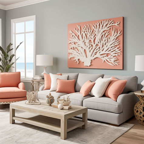 7 Colors That Go Well With Coral Coral Sofa Living Room Ideas, Coral Living Room Ideas, Navy Living Room Decor, Peach Living Rooms, Coral Accent Walls, Coral Living Rooms, Coral Sofa, Beachy Living Room, Coral House