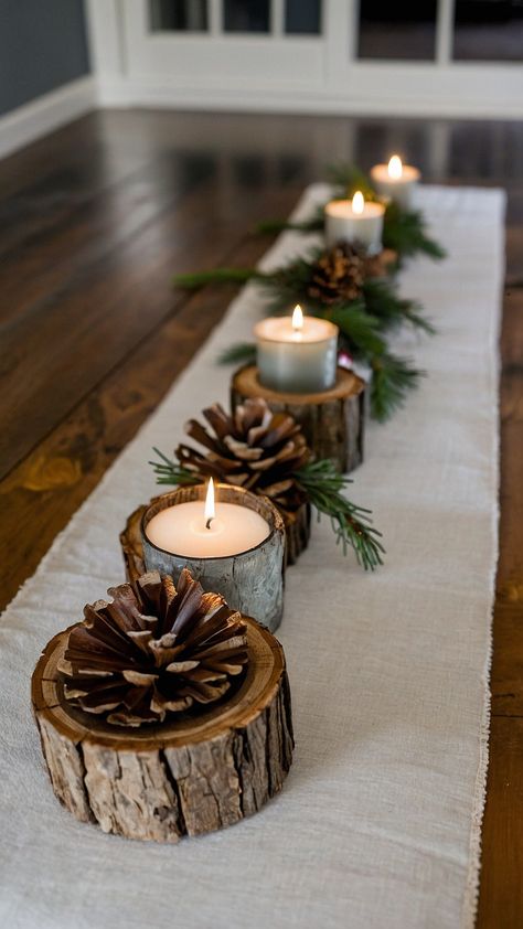 Transform your home into a cozy winter retreat with these rustic Christmas decor ideas Discover simple modern DIY white decorations for your living room including natural and farmhouse country-inspired elements Get inspired with easy living room decor ideas perfect for creating a warm and inviting holiday atmosphere Diy Woodsy Decor, Winter Decorations After Christmas, Winter Centerpieces For Table, Easy Living Room Decor, Dekoracija Stola, Decorations After Christmas, Winter Table Centerpieces, Winter Mantle Decor, Winter Table Decorations