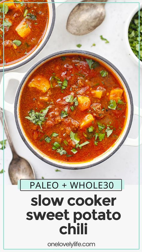 Slow Cooker Sweet Potato Chili - This paleo sweet potato chili recipe is one of our favorites. It tastes even better the next day! (Gluten-Free, Whole30) // Whole30 chili // crock pot sweet potato chili // paleo chili // chili no beans // chili without beans // healthy chili // Chili Crock Pot, Potato Chili Recipe, Whole30 Chili, Chili Paleo, Sweet Potato Chili Recipe, Crock Pot Sweet Potatoes, Potato Chili, Slow Cooker Sweet Potatoes, Paleo Slow Cooker