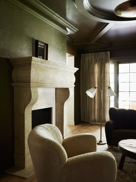 English Colonial — Light and Dwell Chateau Fireplace, Whiskey Room, Green Accent Walls, Dark Paint Colors, Light And Dwell, Dark Paint, Dining Nook, Cottage Design, Country Estate