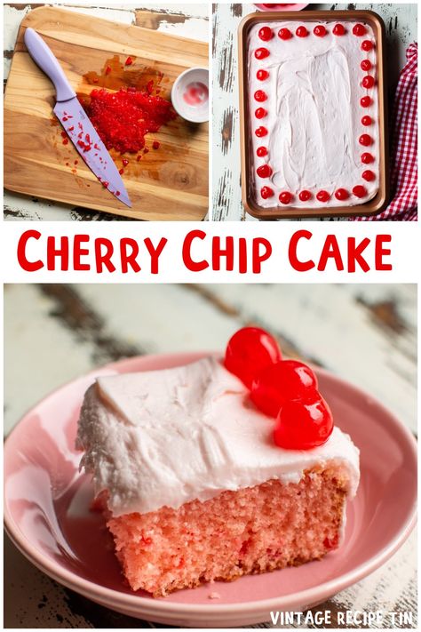 Cherry Chip cake with cherry buttercream frosting. A great cake to celebrate birthdays. #cherrycake #cherrychipcake #vintagerecipes Best Cherry Chip Cake Recipe, Easy Cherry Chip Cake, Homemade Cherry Chip Cake, Cherry Chip Cake Mix Recipes, Cherry Chip Cake Recipe, Cherry Sheet Cake, Easy Cherry Cake Recipe, Easy Cherry Cake, 1950s History