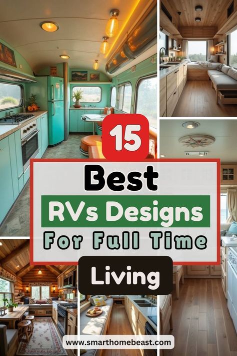 An image showcasing stylish RV interiors designed for full-time living, featuring cozy seating areas, efficient kitchens, and trendy decor for comfortable travel. Rv Living On Your Own Land, Best Rvs For Full Time Living, Living Full Time In An Rv, Living In A Camper Full Time, Camper Living Full Time, Aesthetic Rv, Rv Living Decor, Rvs Interior, Full Time Rv Living