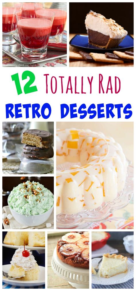 12 Totally Rad Retro Desserts - get ready for a blast from the past with recipes for classic cakes, vintage pies, jazzed up jello, and all of your favorite desserts from your childhood. Desserts From The 50s, 1960s Desserts, 50s Desserts, 1960s Food, Jello Mold Recipes, Martini Party, Retro Desserts, Pudding Pop, Cheap Recipes