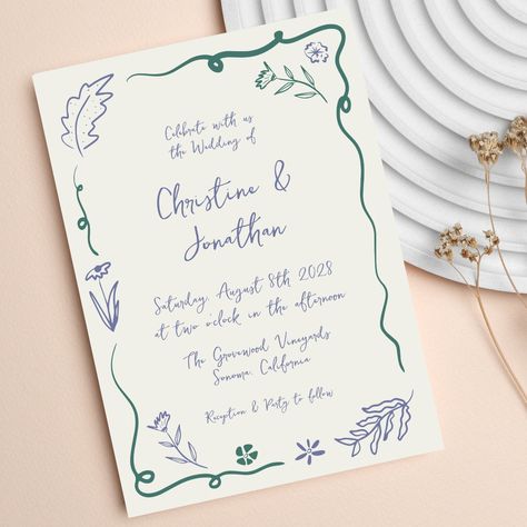 Whimsical Hand Drawn Illustrated Floral Wedding Invitation | Zazzle Whimsical Hand Lettering, Hand Drawn Stationary, Whimsical Floral Wedding, Handwritten Wedding Invitations, Creative Wedding Invitations Design, Doodle Wedding, Cartoon Wedding Invitations, Whimsical Wedding Invitations, Modern Rustic Wedding