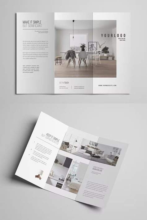 Minimal Interior Design Trifold Brochure Template InDesign Interior Design Pamphlet Brochure Layout, Minimal Brochure Design Layout, Minimal Trifold Brochure Design, Broshor Design Layout, Clean Brochure Design, Interior Design Brochure Ideas, Interior Design Leaflet, Architectural Brochure Design, Brochure Design Minimalist