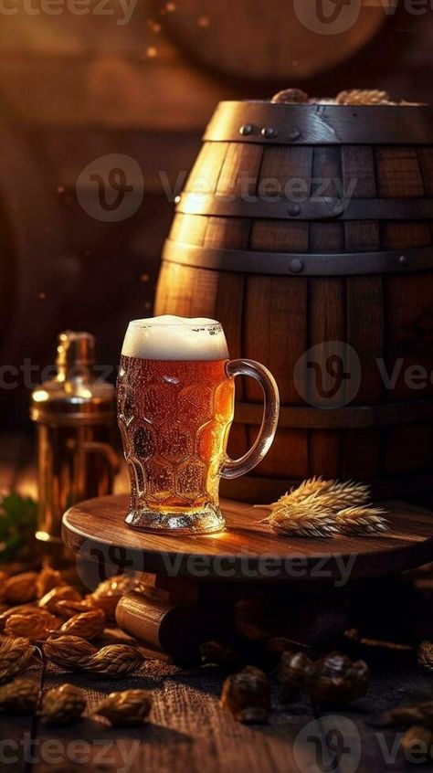 Fresh brewed lager Closeup of glass with beer standing on the wooden barrel with metal container in the background, Generative AI Beer Stand, Metal Containers, Wooden Barrel, Vector Clipart, Close Up, Barrel, Vector Free, Beer, Clip Art