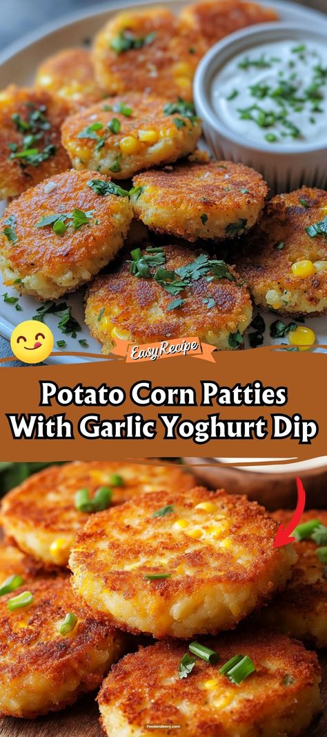 Savor the delightful crunch of Potato Corn Patties, paired with a creamy Garlic Yogurt Dip. These patties are a tasty blend of mashed potatoes and sweet corn, fried until golden brown, making them a perfect appetizer or light meal. #PotatoCornPatties #AppetizerIdeas #GarlicYogurtDip Fried Mashed Potato Patties, Snacks For Seniors, Corn Fried, Corn Patties, Mashed Potato Patties, Potatoes And Corn, Yoghurt Dip, Garlic Yogurt, Dip Ideas