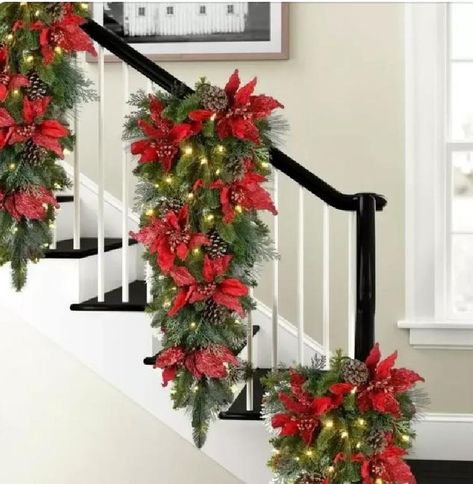 Stairs Lights, Stairs Decoration, Christmas Stairs, Lighted Wreaths, Teardrop Swag, Wreaths Christmas, Swag Wreath, Stair Decor, Artificial Wreath