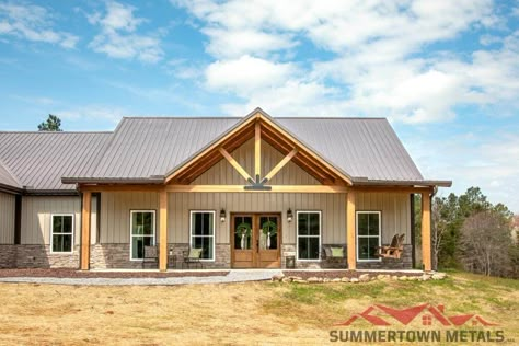 Colors Of Barndominiums, Barndominium Metal Colors, Barndo Metal Exterior Colors, Cream Barndominium Exterior, Tan Barndominium, Metal Siding Colors For Houses, Barndo Color Schemes, Barndo Exterior Color Schemes, Tan Barndominium Exterior