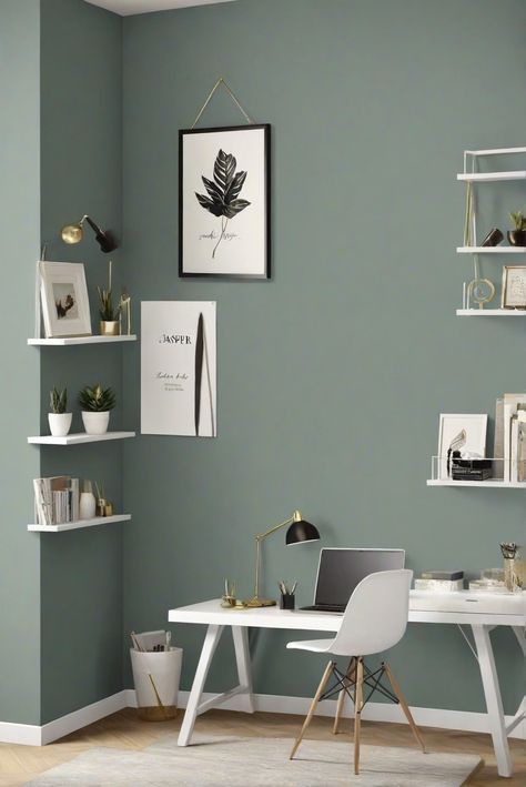 Jasper wall paint, Home office interiors, Designer wall paint, Interior design services Home Office Colors For Productivity, Colourful Office Interior, Colour Schemes Bedroom, Home Office Paint Colors, Kitchen Wall Color, Office Color Palette, Travel Room Decor, Indoor Paint Colors, Zen Office