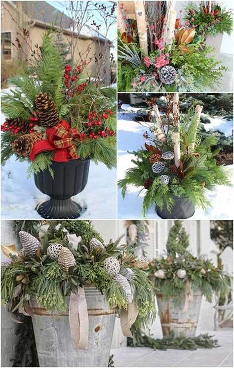 Xmas Pots Front Porches, Porch Urn Planters, Winter Plants Outdoor Front Porches, Christmas Pot Decor, Large Winter Planters, Outdoor Christmas Baskets, Outdoor Urns For Christmas, Winter Flower Pots Front Porches, Front Porch Large Planter Ideas