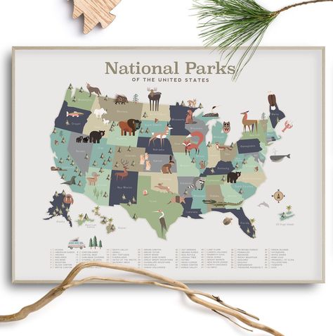 National park map plus 4 animal prints, free with your order, Kids room art, Baby Shower gift, Nursery, National park checklist, Wall decor National Park Checklist, National Park Map, Maps For Kids, National Parks Map, Usa Map, Park Art, Glossy Print, Kids Room Art, Room Art