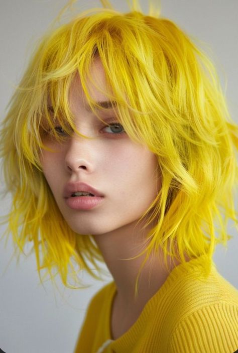 Light Brown Eyeliner, Hair Color Yellow, Razor Cut Bob, Fresh Makeup Look, Lemon Hair, Yellow Hair Color, Yellow Makeup, Yellow Eyeshadow, Bold Makeup Looks