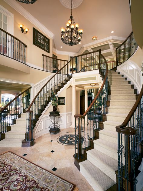 Double staircase in the Henley Foyer at Tridelphia Crossing, Maryland! Double Curved Staircase Foyer Entryway, Double Staircase Foyer, Staircase Design Ideas, Foyer Staircase, Double Staircase, House Staircase, Toll Brothers, Grand Foyer, Villa Plan