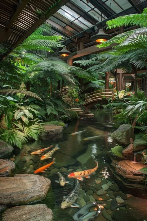 Indoor Coy Pond, Japanese Conservatory, Greenhouse Pond, Pond Indoor, Indoor Pond Ideas, Tropical Houses Interior, Japanese Koi Pond, Meditation Gardens, Ponds Ideas