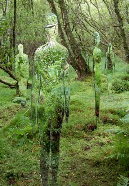 'Invisible' statues in Scottish forests made from acrylic plexiglass, by Rob… Rob Mulholland, Reflective Sculpture, Swamp Creature, Environmental Artist, Modern Metropolis, Scottish Artists, Glass Sculptures, Story Board, Weird Stuff