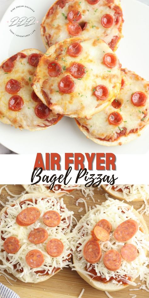 Air Fryer Bagel Pizzas - Dine Dream Discover Pizza Bagels In Oven, Pizza Bagels In Air Fryer, Bagel Pizzas, Toaster Recipes, Bagel Pizza, College Meal, Air Fryer Pizza, Kid Foods, Bagel Bites