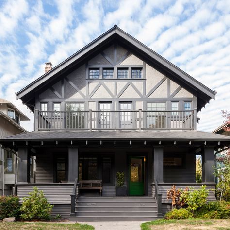 Tudor Porch, Contemporary Tudor, Transitional Home Design, Concrete Paver Patio, Tudor Homes, Modern Tudor, Tudor Home, Transitional Exterior, Dining Room Remodel