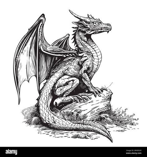 Dragon mystical sitting on the stone sketch drawn in doodle style illustration Stock Vector Image & Art - Alamy Stone Sketch, Wings Sketch, Angry Animals, Japanese Legends, Mythological Animals, Fantasy Ideas, Dragon Sketch, Fairytale Fantasies, Doodle Style