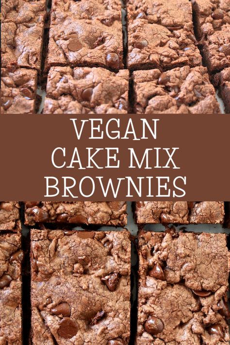 Vegan Cake Mix Brownies ~ Rich and fudgy brownies made with just 4 simple ingredients! 20 minutes bake time. Vegan Cake Mix Cookies, Vegan Cake Mix Recipes, Vegan Cake Mix, Healthy Plant Based Meals, Best Vegan Brownies, Cake Mix Bars, Chocolate Cake Mix Recipes, Cake Mix Brownies, Cake Mix Cookie Bars