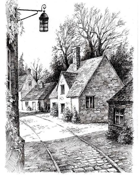 Village Drawing, Cityscape Drawing, Landscape Pencil Drawings, Reading Berkshire, Drawing Scenery, Sketches Pencil, Pen Art Drawings, Landscape Sketch, Perspective Art