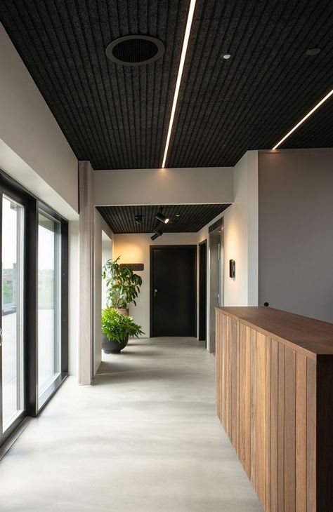 Black Acoustic Ceiling, Lobby Ceiling Design, Dark Ceilings, Black Ceilings, Elevator Lobby Design, Lobby Ceiling, Acoustics Design, Dark Ceiling, Building Lobby