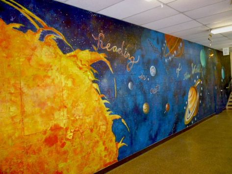 solar system mural by GaylenBray, via Flickr Solar System Mural, Science Room Decor, Science Room, Science Classroom Decorations, Astro Science, Classroom Makeover, School Wall Art, School Murals, Classroom Organisation