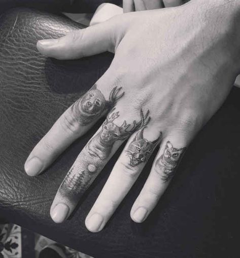 Wildlife Hand Tattoo, Owl Finger Tattoo, Bear Finger Tattoo, Finger Tats Men, Men Finger Tattoos, Tattoo Finger, Finger Tattoo For Women, Finger Tats, Knuckle Tattoos