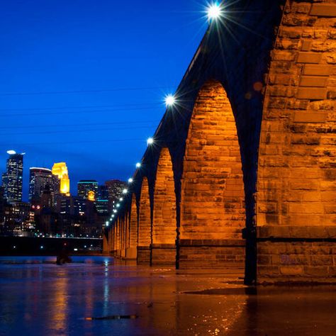 The Stone Arch Bridge – Minneapolis, Minnesota - Atlas Obscura Stone Arch Bridge Minneapolis, Arched Bridge, Stone Arch Bridge, Guthrie Theater, Minneapolis Skyline, Atlas Obscura, Army Corps Of Engineers, Stone Arch, Arch Bridge