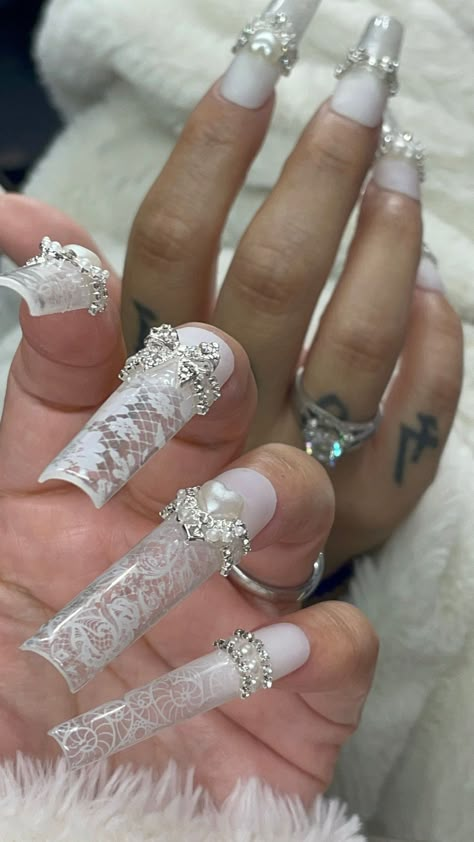 Light Blue Nails Long Square, White Extra Nails, White Bling Acrylic Nails, Nails Are Jewels Not Tools, Nails Ideas Long, Lace Wedding Nails, Detailed Nails, Lace Nail Design, White Lace Nails