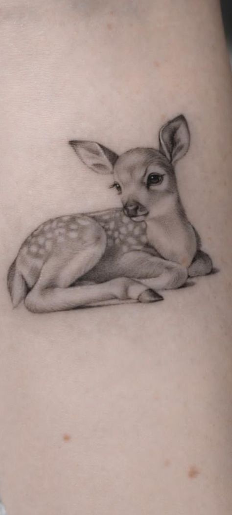 Simple Fawn Tattoo, Deer Fawn Tattoo, Doe Deer Tattoo, Fawn Tattoos For Women, Doe Deer Tattoos For Women, Two Deer Tattoo, Fawn Tattoo Design, Deer And Moon Tattoo, Vintage Deer Tattoo