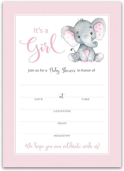 Amazon.com : IT’S A GIRL! — Girl Elephant BABY SHOWER INVITATIONS— Pack of 25 — PINK Peanut Baby Shower Blank Fill-in INVITES, Chic, Unique, PINK Baby GIRL Sprinkle Invites, DIY Invites Polka Dot SKU I500-INV1 : Home & Kitchen Babyshower Invites, Baby Shower Invitations Girl, Baby Shower Invitations Templates, Gender Reveal Invitations Template, Free Baby Shower Invitations, Peanut Baby Shower, Baby Girl Card