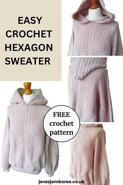 Crochet Spring Sweater Pattern Free, Quick Sweater Crochet Pattern, Knit Like Crochet, Crochet Hexagon Shirt Free Pattern, Free Hexagon Cardigan Crochet Patterns, Granny Hexagon Pullover, Hexagon Pullover Crochet, Crochet And Knitting Projects, Unique Crochet Patterns Free