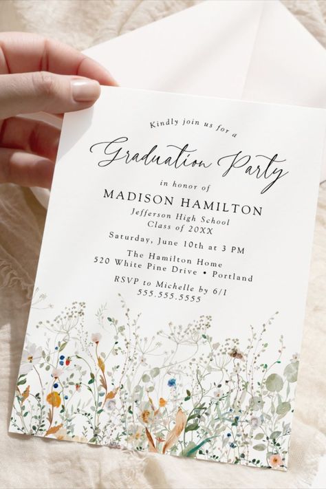 Elegant Dainty Wildflowers Graduation Party Invitation! #graduationinvitations #classof2024 #graduationparty #celebrategraduation #graduationannouncement #elegant #floral #wildflower Grad Party Invite Ideas, Graduation Invitations Ideas, Wildflower Graduation Party, Grad Party Decorations, Graduation Party Invitation, High School Classes, Graduation Ideas, Graduation Party Invitations, Graduation Announcements