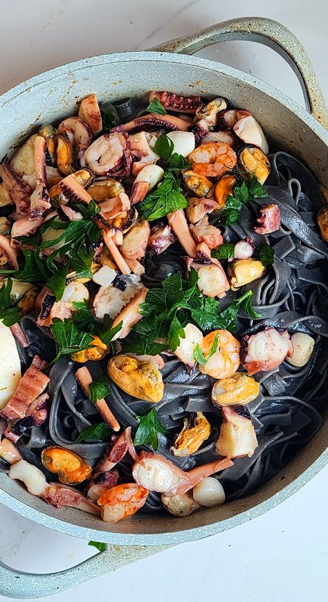 Squid Ink Pasta with Seafood Mix – The Skinny Pot Squid Ink Pasta Recipe Sauces, Black Ink Pasta, Squid Ink Pasta Recipe, Cooking Squid, Pasta With Seafood, Squid Ink Spaghetti, Ink Pasta, Dishes Recipe, Squid Ink Pasta